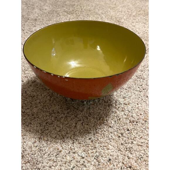 "Vintage MCM Hanova of Pasadena Enamelware Bowl Orange Chartreuse Green 8" RARE - Picture 13 of 15